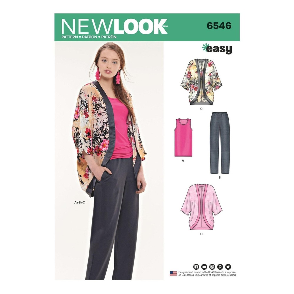 New Look 6546 Sewing Pattern Misses XS-XL Jacket Top Pants Kimono Easy